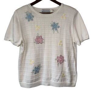 VTG Alfred Dunner White Floral Embroidered Knit Sweater Shirt Grandmacore Sz PXL